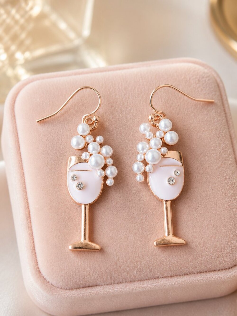 Champagne Glass with Bubbles Earrings in Pink, Gold and White - NWOT
